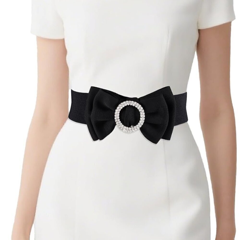 Women's Rhinestone Bow Belt Wide Elastic Stretch Waist Accessories for Dress